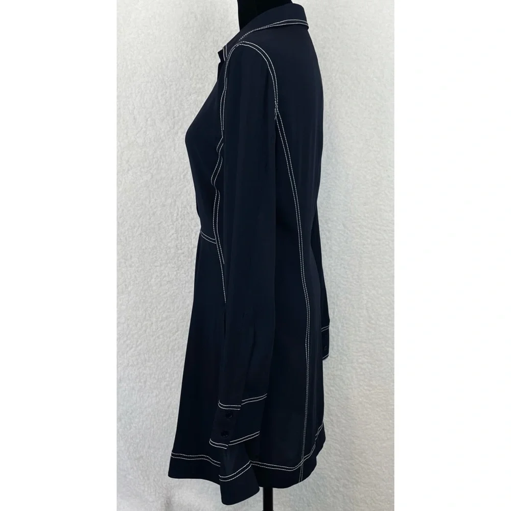 STELLA MCCARTNEY • 100% Silk Navy Contrast-Stitch Collared Mini Dress, S - Picture 6 of 16